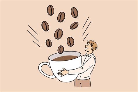 Energy coffee drink breakfast concept. Young smiling man cartoon character standing picking huge ...