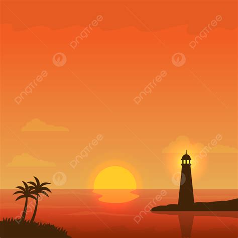 Vector Illustration Of Beautiful Sunset At Beach Sunset At Beach Background With Lighthouse And ...