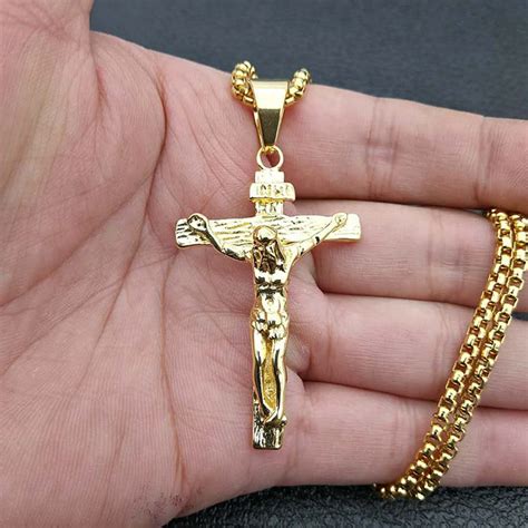 QMHJE Stainless Steel Necklace Men Women Pendant Jesus Cross Gold Chain Punk Rock Hip Hop ...