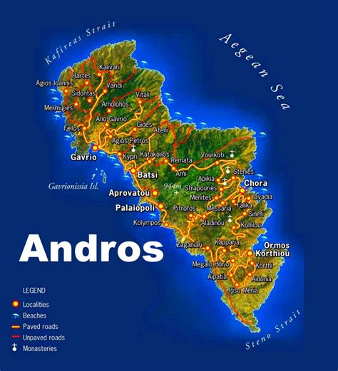 Andros beaches map - Ontheworldmap.com