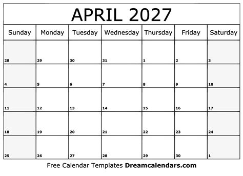 April 2027 Calendar - Free Printable with Holidays and Observances