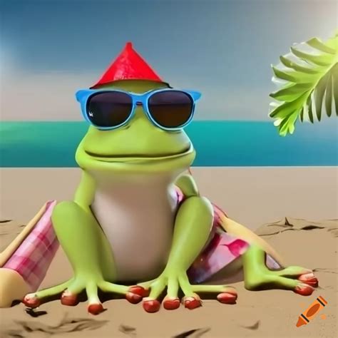 3d funny frog on a beach with sunglasses and a drink on Craiyon