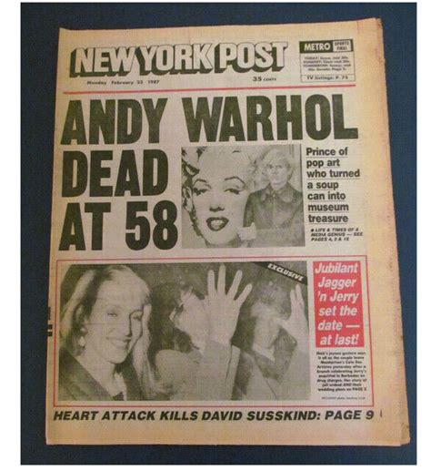 Andy Warhol | "Andy Warhol Dead at 58", 1987, New York Post Newspaper ...