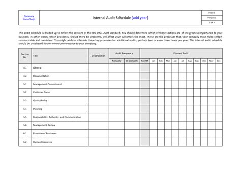 Internal Audit Schedule Template - Fill Out, Sign Online and Download PDF | Templateroller