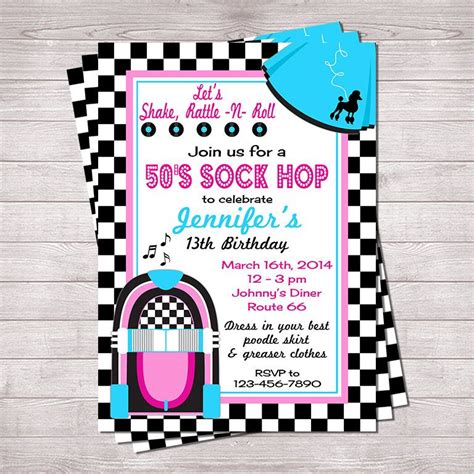 Editable 50's Sock Hop Invitation Pink and Blue - Etsy | Sock hop, 50s sock hop, Pink invitations