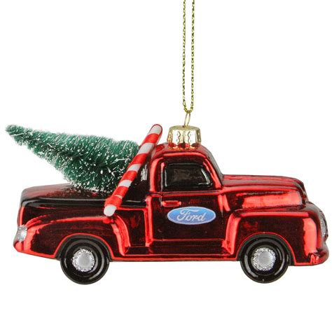 4" Red Ford Truck with Christmas Tree Glass Ornament, Red Ford Pickup ...