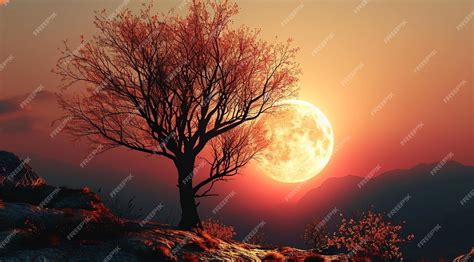 Premium Photo | A tree with a full moon in the background