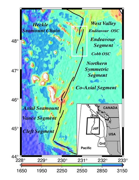 Bathymetry of the Juan de Fuca Ridge (in meters) showing the location... | Download Scientific ...