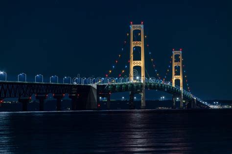 Mackinac Bridge at night. stock image. Image of night - 222776567