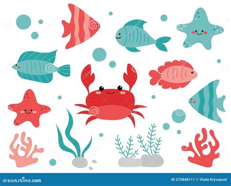 Cartoon Sea Animals. Tropical Sea Animals, Funny Crab, Fish, Starfish ...