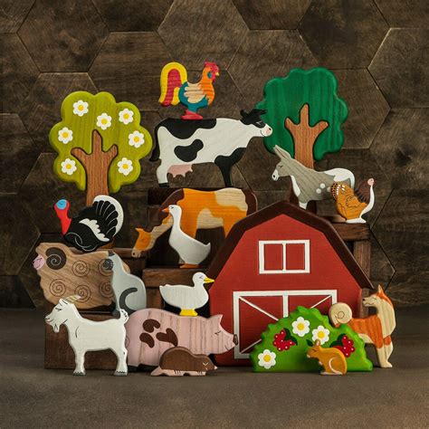 Wooden Farm Set 19 Pcs Pretend Play Small World Play Set Toy Farmyard Animals Farm Life Gift for ...