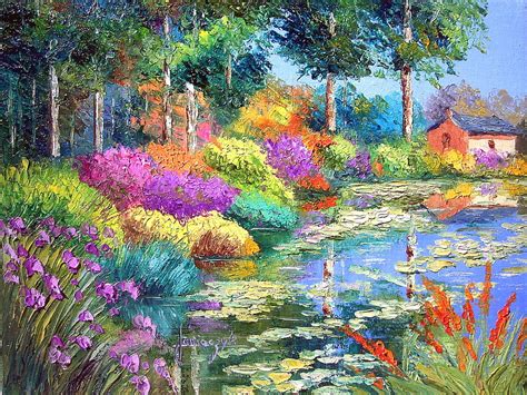 GARDEN IN PAINTING, pond, oil painting, house, flowers, trees ...