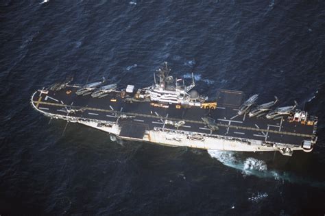 An aerial port quarter view of the amphibious assault ship USS ...