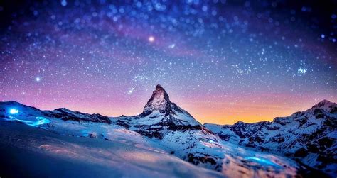 Snowy Mountain at Night, mountain, stars, snow, nature, winter, valley ...