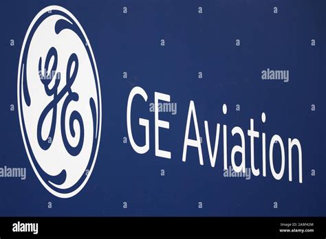 GE Aviation Logo at their pavilion at the Farnborough International Airshow 2018, UK Stock Photo ...