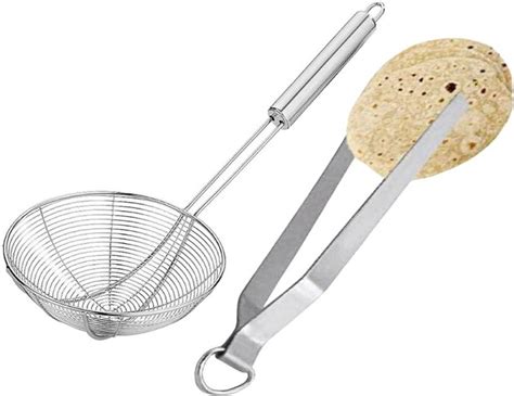 SHUBHCO Roti Chimta Tong Chapati Pakad Chimta With Deep Fry Strainer Stainless Steel Chapati ...