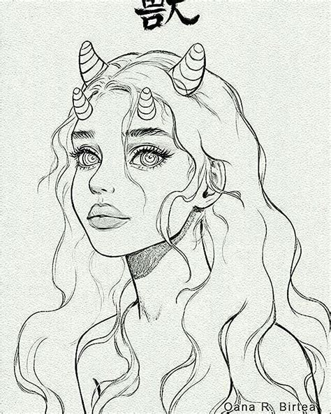 a drawing of a woman with horns on her head