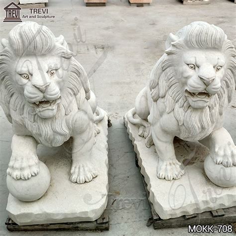 Marble Sitting Lion Statue with Paw on Ball for Sale MOKK-708 - Trevi Marble Sculpture