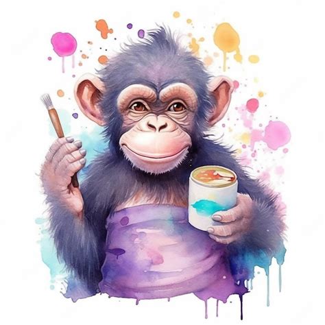 Premium Photo | Watercolor painting of a monkey holding a paintbrush and a glass of orange juice.