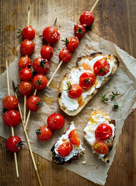 Grilled Cherry Tomato Skewers on Toast with Goat Cheese