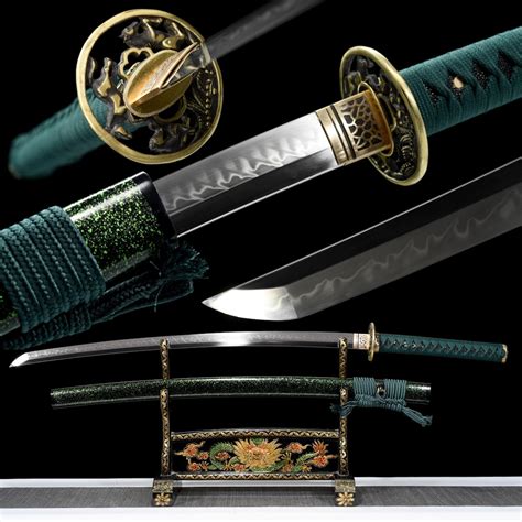 T10 Steel Clay Tempered With Hamon Handmade Green Katana Sword Real Japanese Samurai Sword Full ...