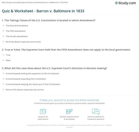 Quiz & Worksheet - Barron v. Baltimore in 1833 | Study.com