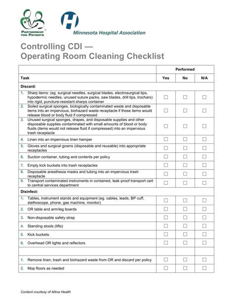 Hospital Room Cleaning Checklist Template