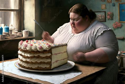 Obese woman eating a big cake at home - Generative AI Stock ...