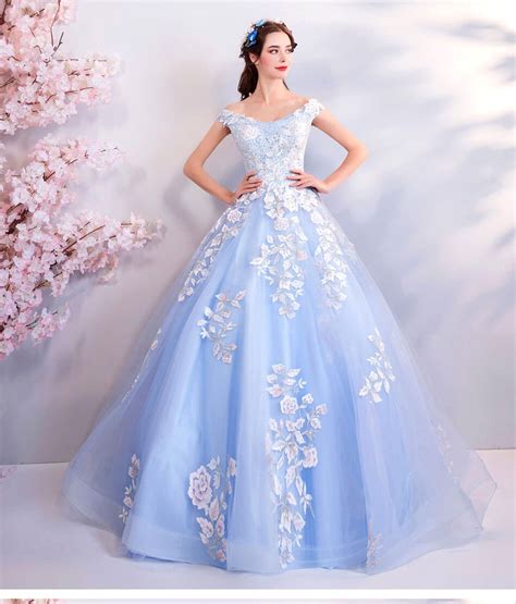 Blue Ball Gown Prom Dress Princess Off The Shoulder With Train