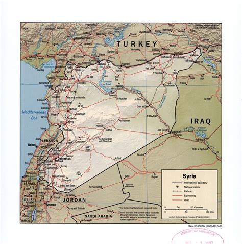 Large detailed political map of Syria with relief, roads, railroads and ...