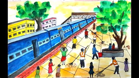 SWACHH BHARAT ABHIYAN Drawing/ Railway station drawing/ CLEAN INDIA MISSION drawing. - YouTube
