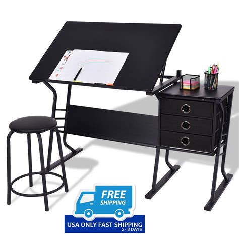 Black Adjustable Drafting Table w/ Stool & Side Drawers – By Choice ...