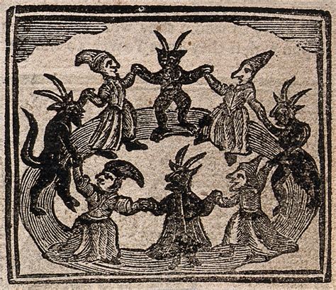 Witchcraft: witches and devils dancing in a circle. Woodcut, 1720 ...