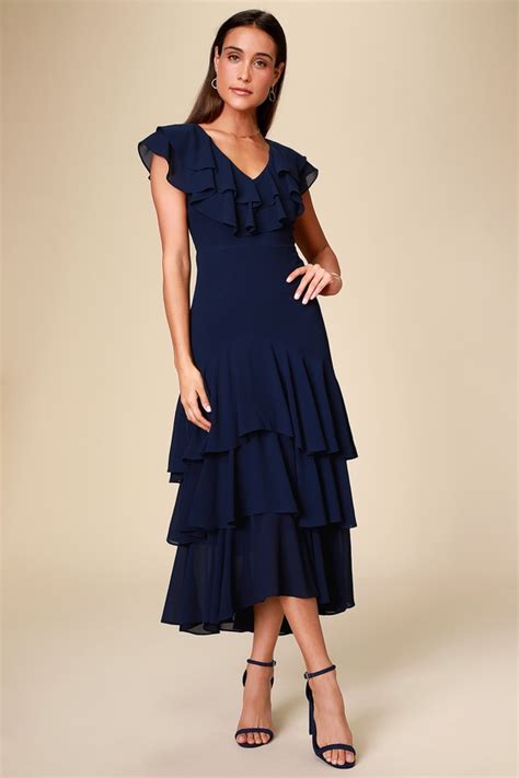 Lovely Navy Blue Midi Dress - Ruffled Dress - High-low Dress - Lulus