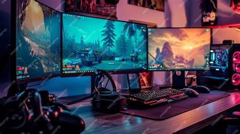 Premium Photo | Controllers Monitors Gaming Setup