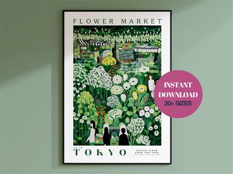 Tokyo Flower Market Print, Instant Download, Botanical Wall Art, Green ...