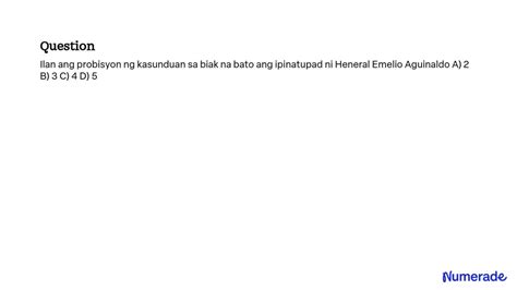 SOLVED: Ilan ang probisyon ng kasunduan sa biak na bato ang ipinatupad ni Heneral Emelio ...