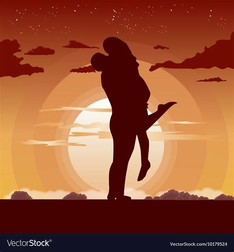 Silhouette of loving couple in hug at sunset Vector Image