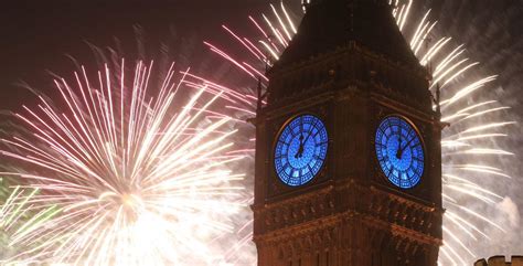 Fireworks explode over the River Thames and the Palace of Westminster’s Elizabeth Tower at the ...