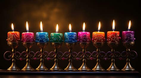 Menorah with colorful candles against dark background 31534034 Stock Photo at Vecteezy