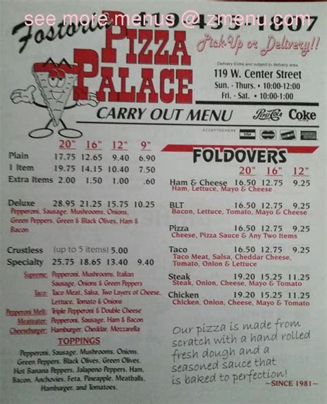 Menu at Fostoria Pizza Palace pizzeria, Fostoria