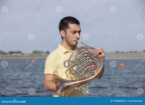 French Horn Player Playing Music Instrument Man Hornist Classical ...