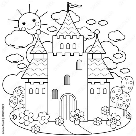 Fairy tale castle and a beautiful garden with flowers. Vector black and white coloring page ...