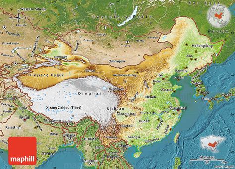 Physical Map of China, satellite outside