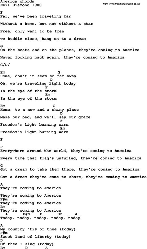 Song lyrics with guitar chords for America - Neil Diamond 1980