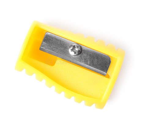 Bright Yellow Pencil Sharpener Isolated on White, Top View. Stock Image - Image of blade ...