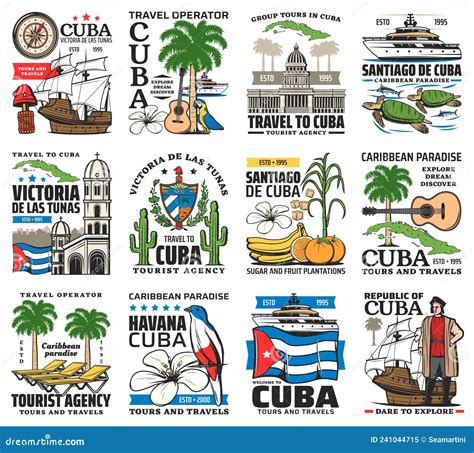 Cuba Travel Icons, Havana Caribbean Tourism Tours Stock Vector ...