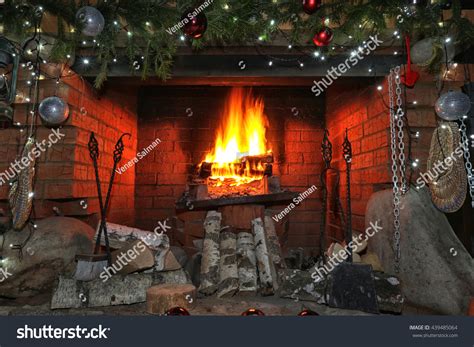 Closeup Decorated Christmas Fireplace Lights Night Stock Photo ...