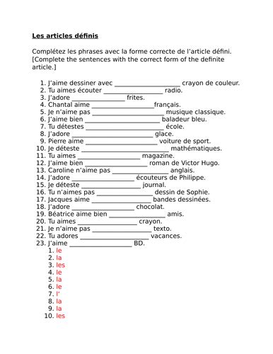 Article défini (Definite Article in French) Worksheet 2 | Teaching Resources