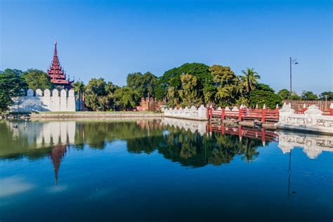 Moat, Bridge, Walls and a Tower of Mandalay Fortress, Myanm Stock Image - Image of burma ...